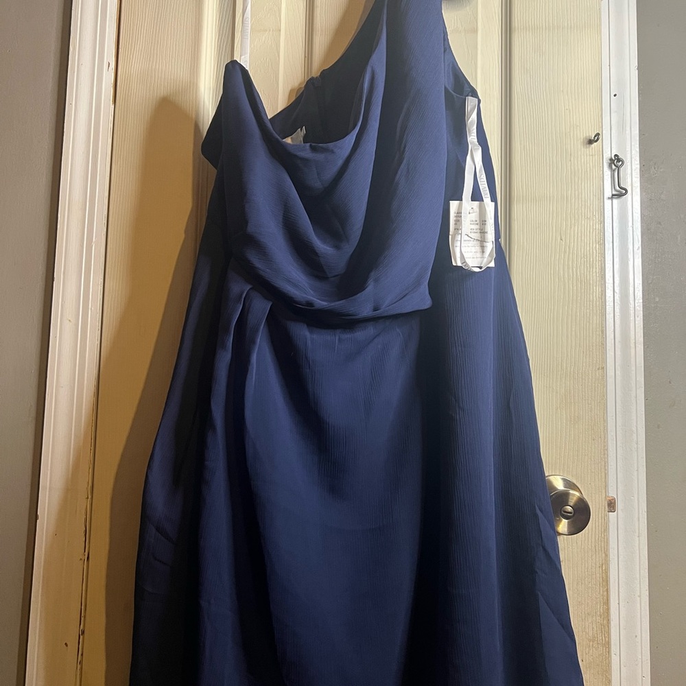 David's Bridal Navy One-Shoulder Draped Dress